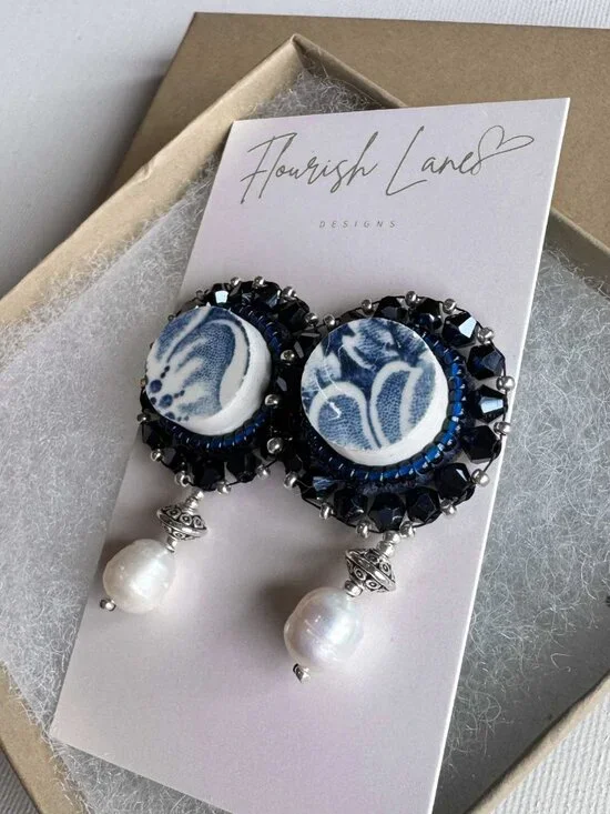 Upcycled Ceramic Pearl Dangle Earrings Blue Statement Studs - Picture 8 of 12